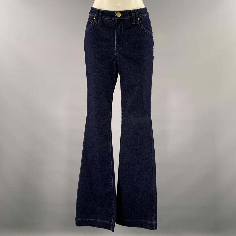 DISMERO Size 8 Navy Cotton Blend Velvet Grid Slim Bootcut Pants